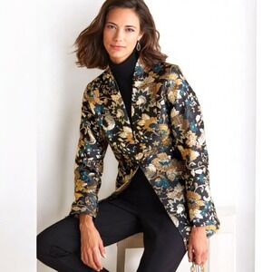 Soft Surroundings Viola Jacquard Blazer Jacket L Metallic Black Floral Asian NWT